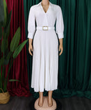 High Waist Pleated Long Sleeve Dress with Lapel and Belt
