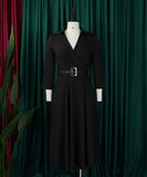 Collared Fashionable Solid Color Long Sleeved Dress With Large Skirt and Belt