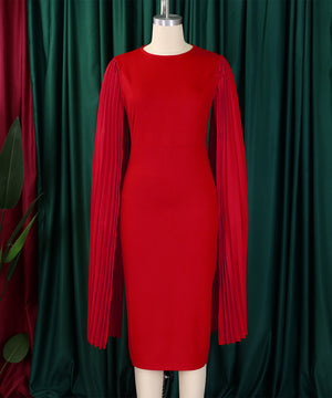 Elegant Fashion Solid Color Round Neck Pleated Shawl Dress