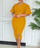 V Neck Puff Sleeve Mermaid Dress With Cinched Waist And High Slit