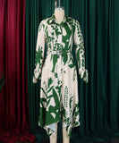 Printed V Neck Long Sleeve Dress with Belt Irregular Pattern