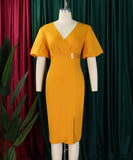 V Neck Puff Sleeve Mermaid Dress With Cinched Waist And High Slit