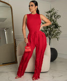 Sash Belt Pants and Sleeveless Fringe Top Set Bold Colors