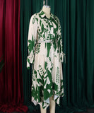 Printed V Neck Long Sleeve Dress with Belt Irregular Pattern