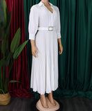 High Waist Pleated Long Sleeve Dress with Lapel and Belt