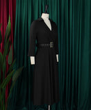 Collared Fashionable Solid Color Long Sleeved Dress With Large Skirt and Belt