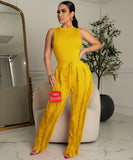 Sash Belt Pants and Sleeveless Fringe Top Set Bold Colors