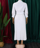 High Waist Pleated Long Sleeve Dress with Lapel and Belt