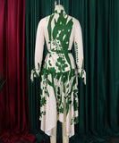 Printed V Neck Long Sleeve Dress with Belt Irregular Pattern