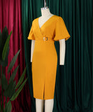 V Neck Puff Sleeve Mermaid Dress With Cinched Waist And High Slit