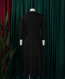 Collared Fashionable Solid Color Long Sleeved Dress With Large Skirt and Belt