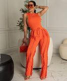 Sash Belt Pants and Sleeveless Fringe Top Set Bold Colors