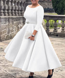 Solid Color A Line Evening Dress Long Sleeve With Belt Available in Pink Green Rose Red White and Black