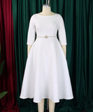 Solid Color A Line Evening Dress Long Sleeve With Belt Available in Pink Green Rose Red White and Black