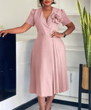 V Neck Short Sleeved Pleated Dress in Solid Fashion Colors