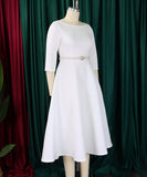 Solid Color A Line Evening Dress Long Sleeve With Belt Available in Pink Green Rose Red White and Black