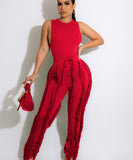 Sash Belt Pants and Sleeveless Fringe Top Set Bold Colors