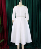 Solid Color A Line Evening Dress Long Sleeve With Belt Available in Pink Green Rose Red White and Black