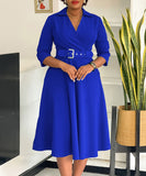 Collared Fashionable Solid Color Long Sleeved Dress With Large Skirt and Belt