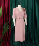 V Neck Short Sleeved Pleated Dress in Solid Fashion Colors