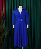 Collared Fashionable Solid Color Long Sleeved Dress With Large Skirt and Belt