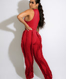 Sash Belt Pants and Sleeveless Fringe Top Set Bold Colors