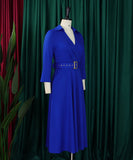 Collared Fashionable Solid Color Long Sleeved Dress With Large Skirt and Belt
