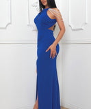 Chic Halter and Shoulder Pearl Chain Accessorize Halter Split Dress