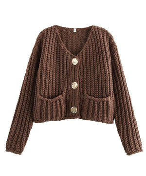Relaxed Short Button Sweater Coat With Double Pockets