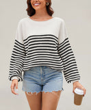 Relaxed Striped Round Neck Sweater for Large Women