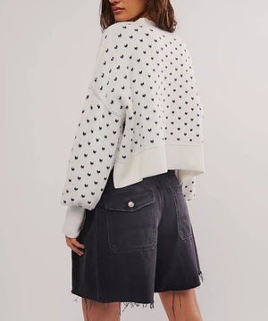 Relaxed Loose Fit Round Neck Sweater With Butterfly Trim