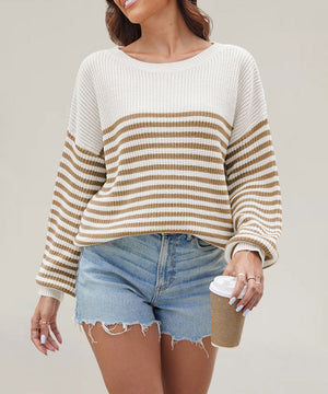 Relaxed Striped Round Neck Sweater for Large Women