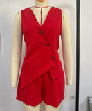 Solid Color Shorts And V Neck Pullover With Waistband