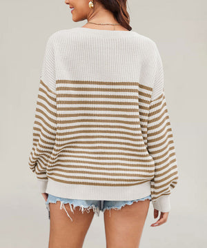 Relaxed Striped Round Neck Sweater for Large Women