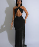 Fringed Sleeveless Long Dress with Flowing Skirt in Black Blue