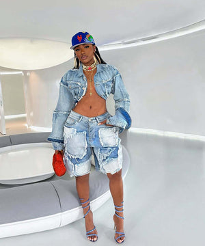 Retro Washed Distressed Patchwork Denim Suit for Trendsetters