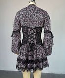 Chic Printed Waist Long Sleeve Short Lace Dress in Purple Pink