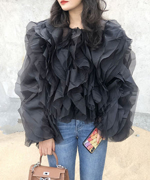 Ruffled Long Sleeve Polyester Top For Women Fashion