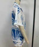 Relaxing Loose Printed V Neck Homewear Set Blue Polyester