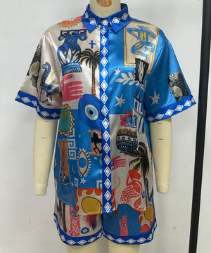 Positioned Print Open Cardigan Shirt And Short Pants Set