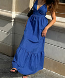 Stylish V-Neck Halter Dress with Open Back in Blue Hue