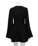 Elegant V-neck High-Waisted Dress with Puffy Sleeves