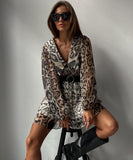 Charming Leopard Print Dress with Doll Collar and Elegant Long Sleeves