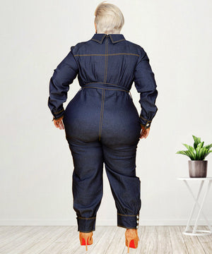 Relaxed Fit V Neck Casual Plus Size Denim Jumpsuit Women