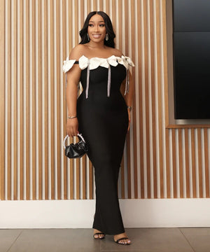 White Large Bow Brooch Dress with Sequins and Diamond Chain