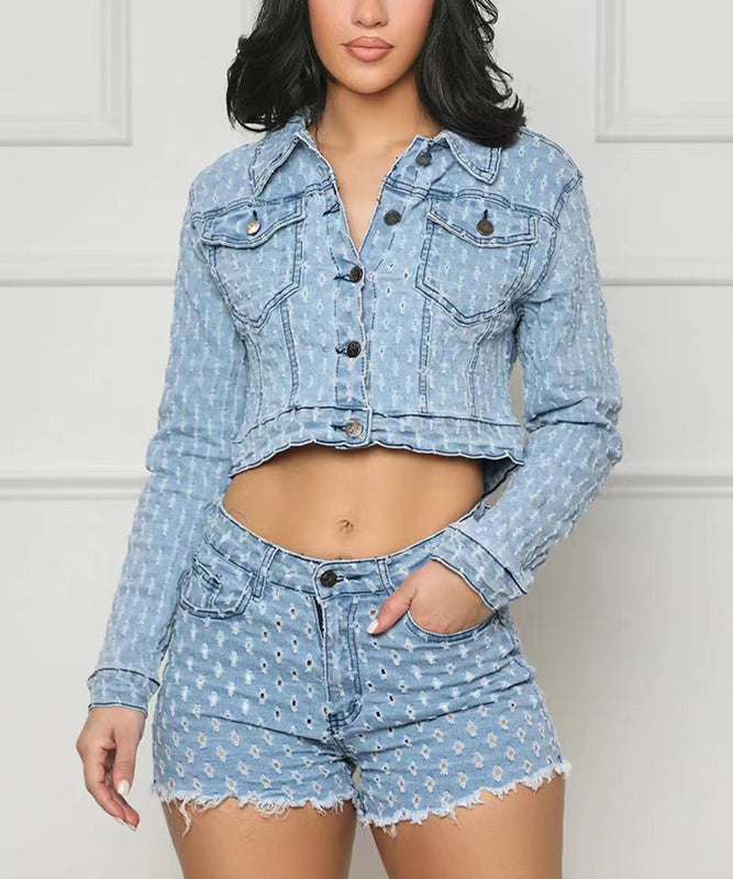 Women's Casual Ripped Denim Shorts Set in Light Blue Style