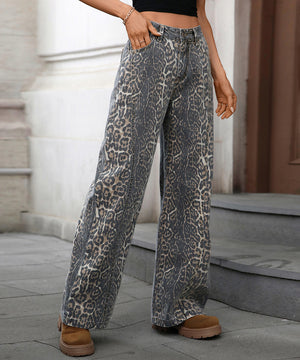 Leopard Print Wide Leg Jeans Relaxed Casual Fit For Women