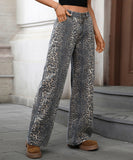 Leopard Print Wide Leg Jeans Relaxed Casual Fit For Women