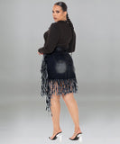 Plus Size Women's Denim Fringed Skirt in Black and Blue