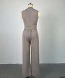 V Neck Sleeveless Vest and Wide Leg Trousers Set in Grey Khaki